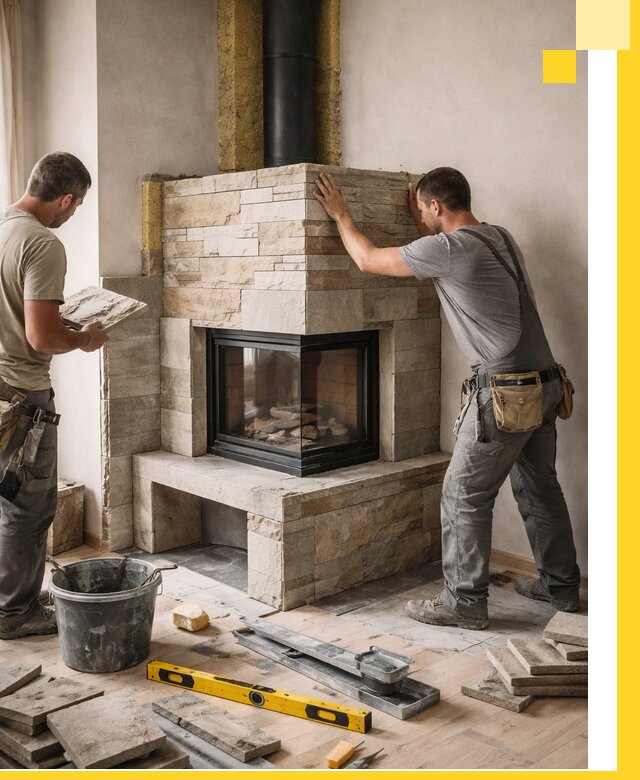 Угловые камины под ключ проект, монтаж и отделка в Касимах